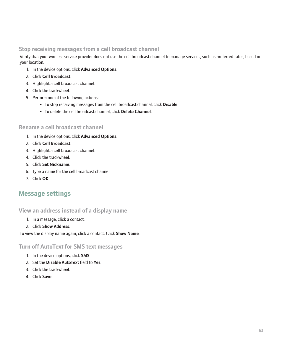 Message settings, Rename a cell broadcast channel, View an address instead of a display name | Turn off autotext for sms text messages | Blackberry 8707 Series User Manual | Page 65 / 240