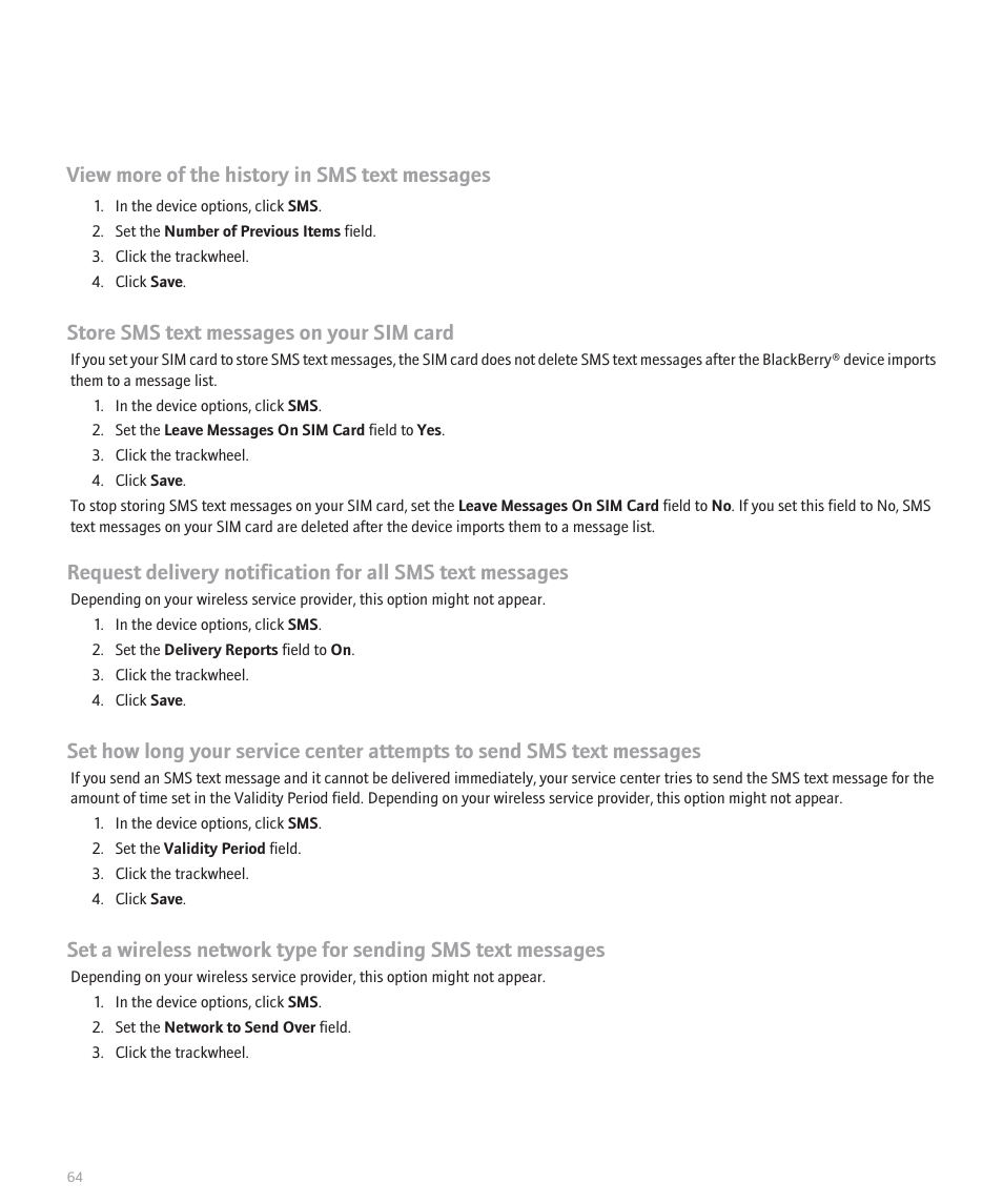 View more of the history in sms text messages, Store sms text messages on your sim card | Blackberry 8707 Series User Manual | Page 66 / 240