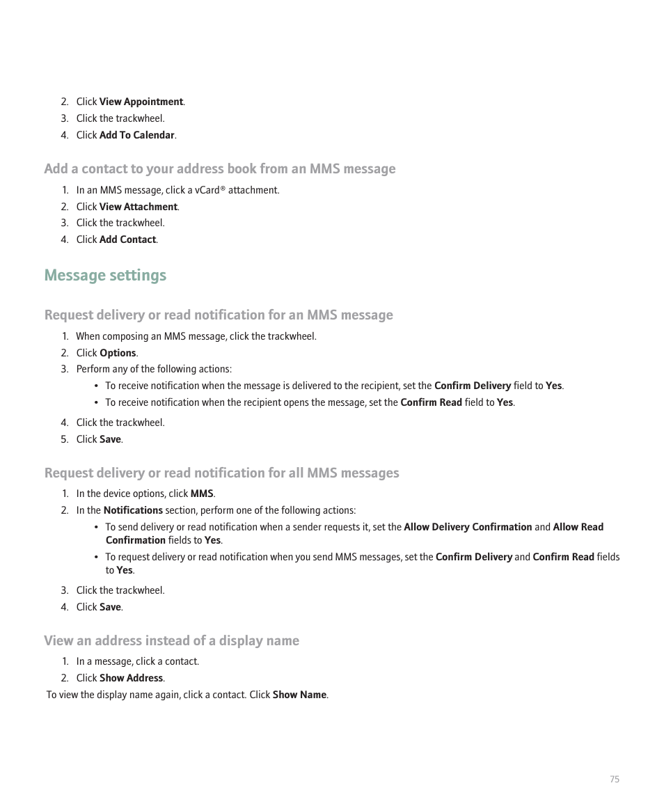 Message settings, View an address instead of a display name | Blackberry 8707 Series User Manual | Page 77 / 240