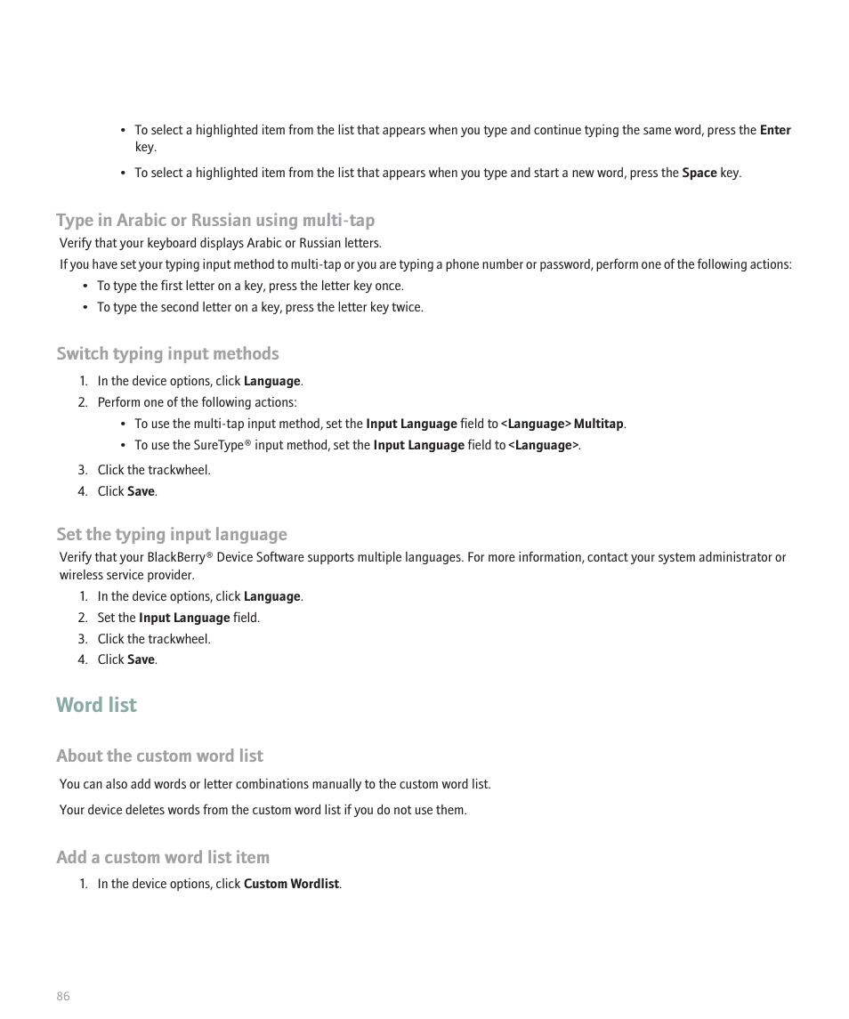 Word list, Type in arabic or russian using multi-tap, Switch typing input methods | Set the typing input language, About the custom word list, Add a custom word list item | Blackberry 8707 Series User Manual | Page 88 / 240