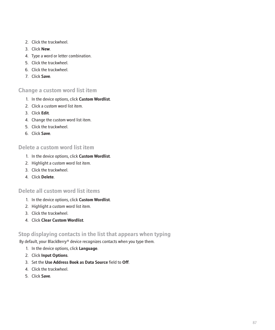Change a custom word list item, Delete a custom word list item, Delete all custom word list items | Blackberry 8707 Series User Manual | Page 89 / 240