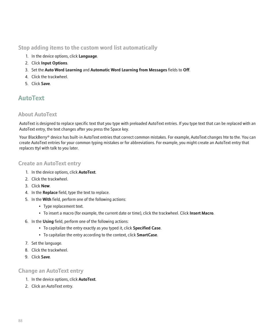 Autotext, About autotext, Create an autotext entry | Change an autotext entry | Blackberry 8707 Series User Manual | Page 90 / 240