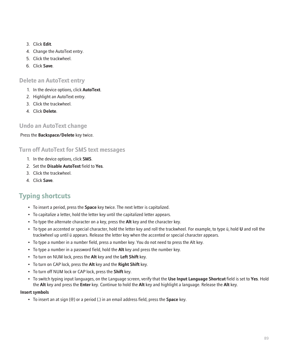 Typing shortcuts, Delete an autotext entry, Undo an autotext change | Turn off autotext for sms text messages | Blackberry 8707 Series User Manual | Page 91 / 240