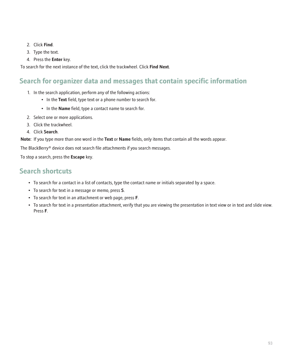 Search shortcuts | Blackberry 8707 Series User Manual | Page 95 / 240