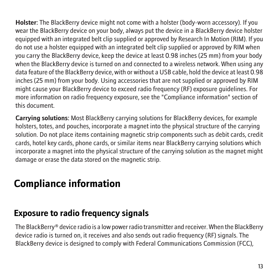 Compliance information, Exposure to radio frequency signals | Blackberry 8700 User Manual | Page 15 / 29