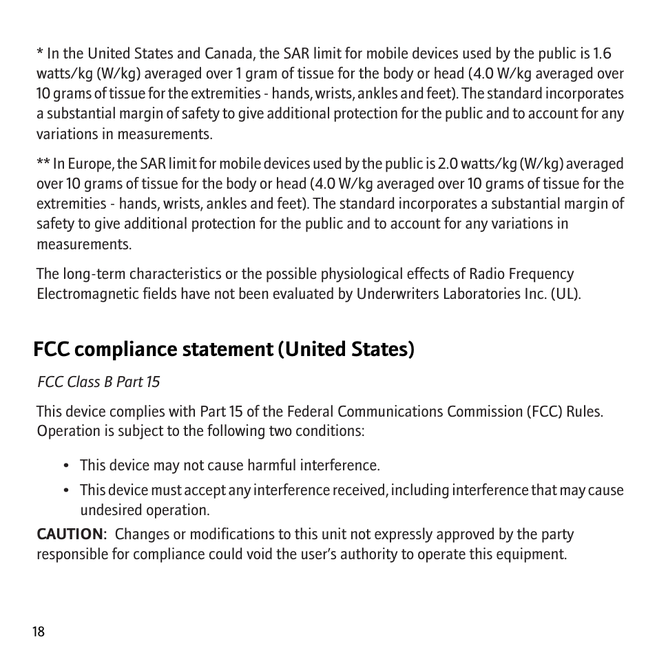 Fcc compliance statement (united states) | Blackberry 8700 User Manual | Page 20 / 29