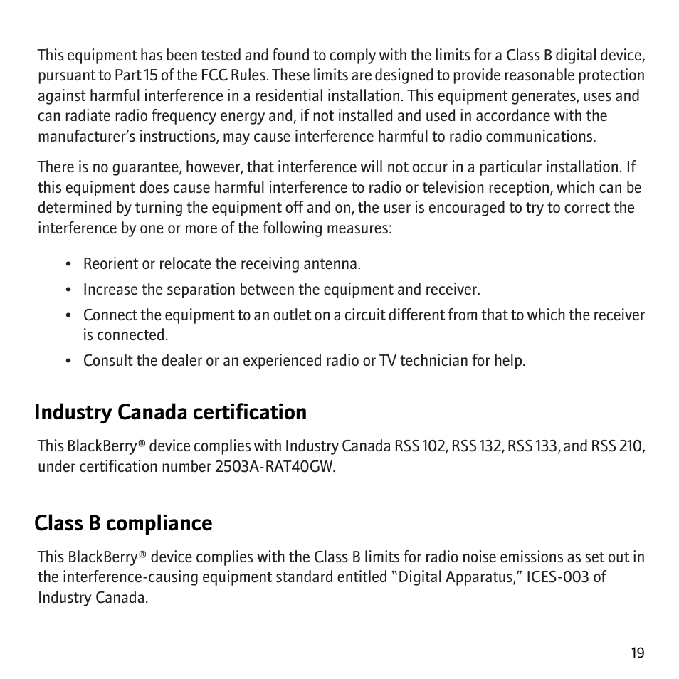 Industry canada certification, Class b compliance | Blackberry 8700 User Manual | Page 21 / 29