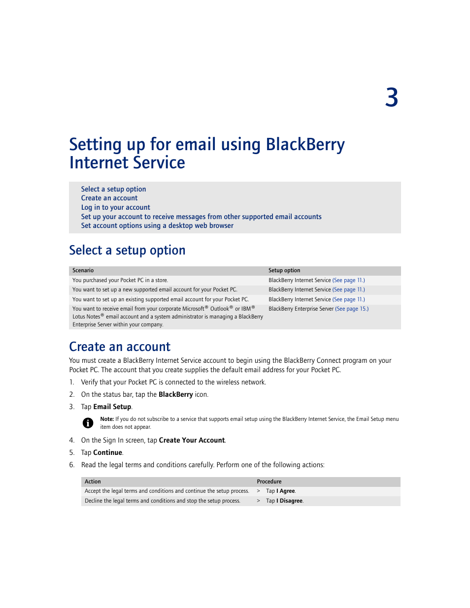 Select a setup option, Create an account, Select a setup option create an account | Blackberry CONNECT FOR POCKET PC 2.1 User Manual | Page 11 / 38
