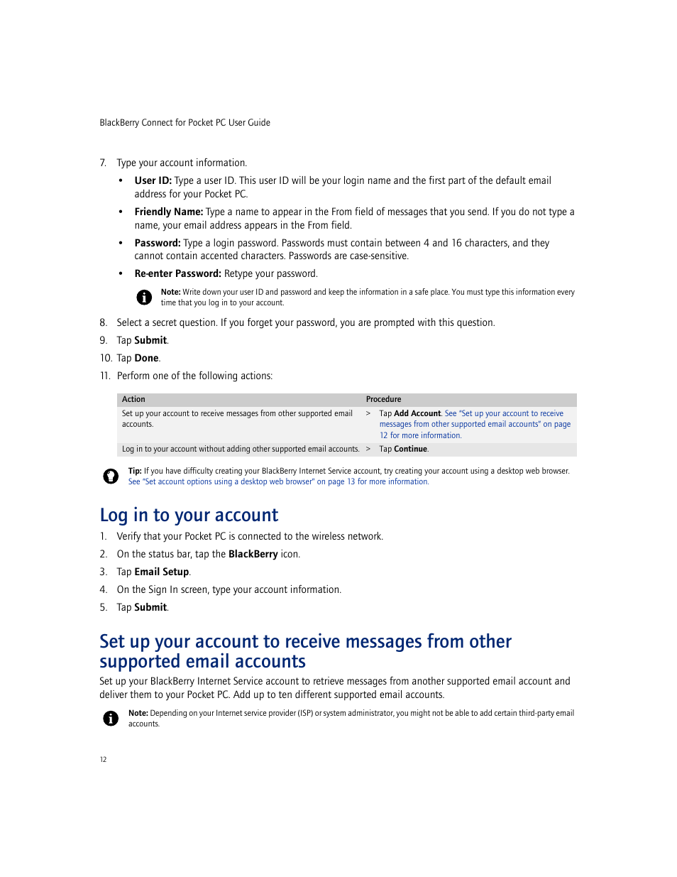 Log in to your account | Blackberry CONNECT FOR POCKET PC 2.1 User Manual | Page 12 / 38