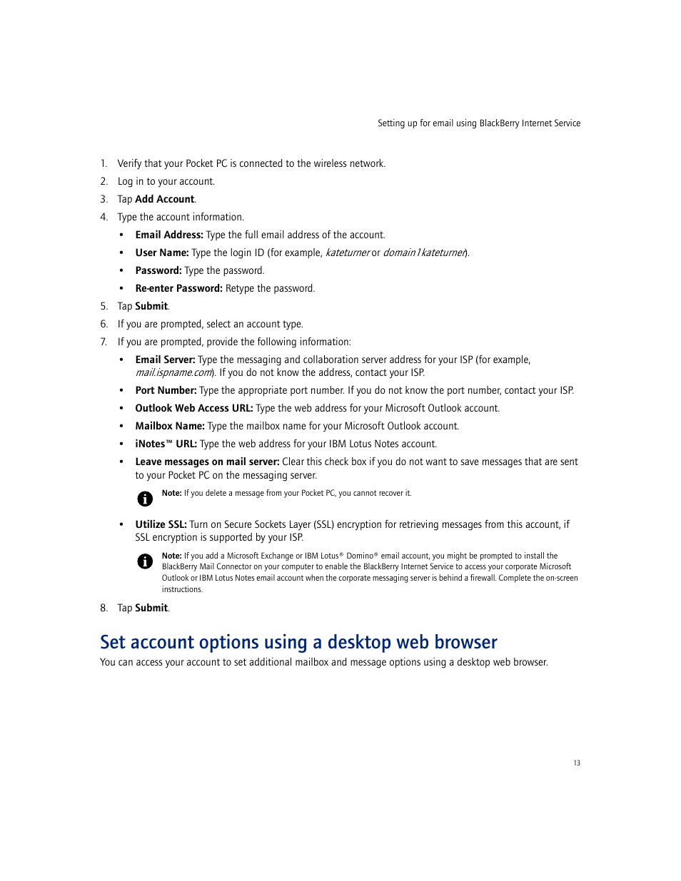 Set account options using a desktop web browser | Blackberry CONNECT FOR POCKET PC 2.1 User Manual | Page 13 / 38