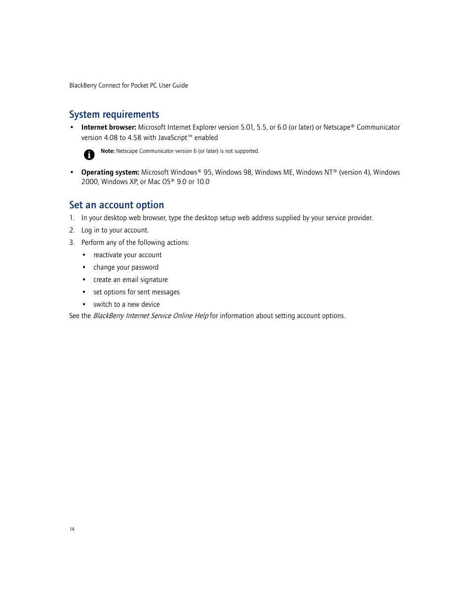 System requirements, Set an account option | Blackberry CONNECT FOR POCKET PC 2.1 User Manual | Page 14 / 38