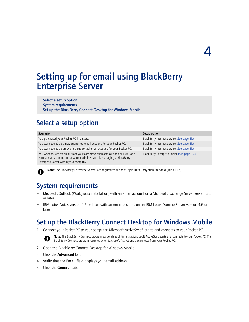 Select a setup option, System requirements, Se server | Select a setup option system requirements | Blackberry CONNECT FOR POCKET PC 2.1 User Manual | Page 15 / 38