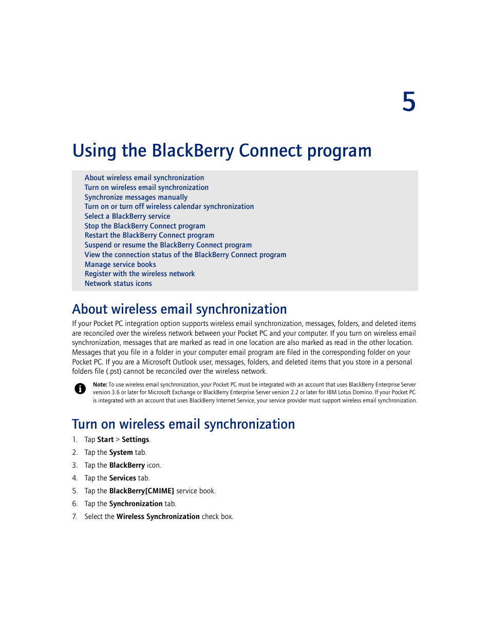 Using the blackberry connect program, About wireless email synchronization, Turn on wireless email synchronization | 5 using the blackberry connect program | Blackberry CONNECT FOR POCKET PC 2.1 User Manual | Page 17 / 38