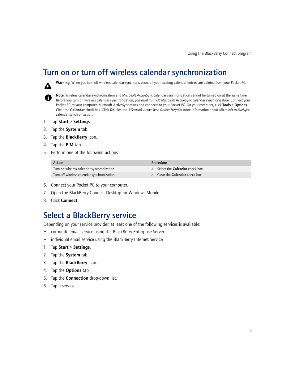 Select a blackberry service | Blackberry CONNECT FOR POCKET PC 2.1 User Manual | Page 19 / 38