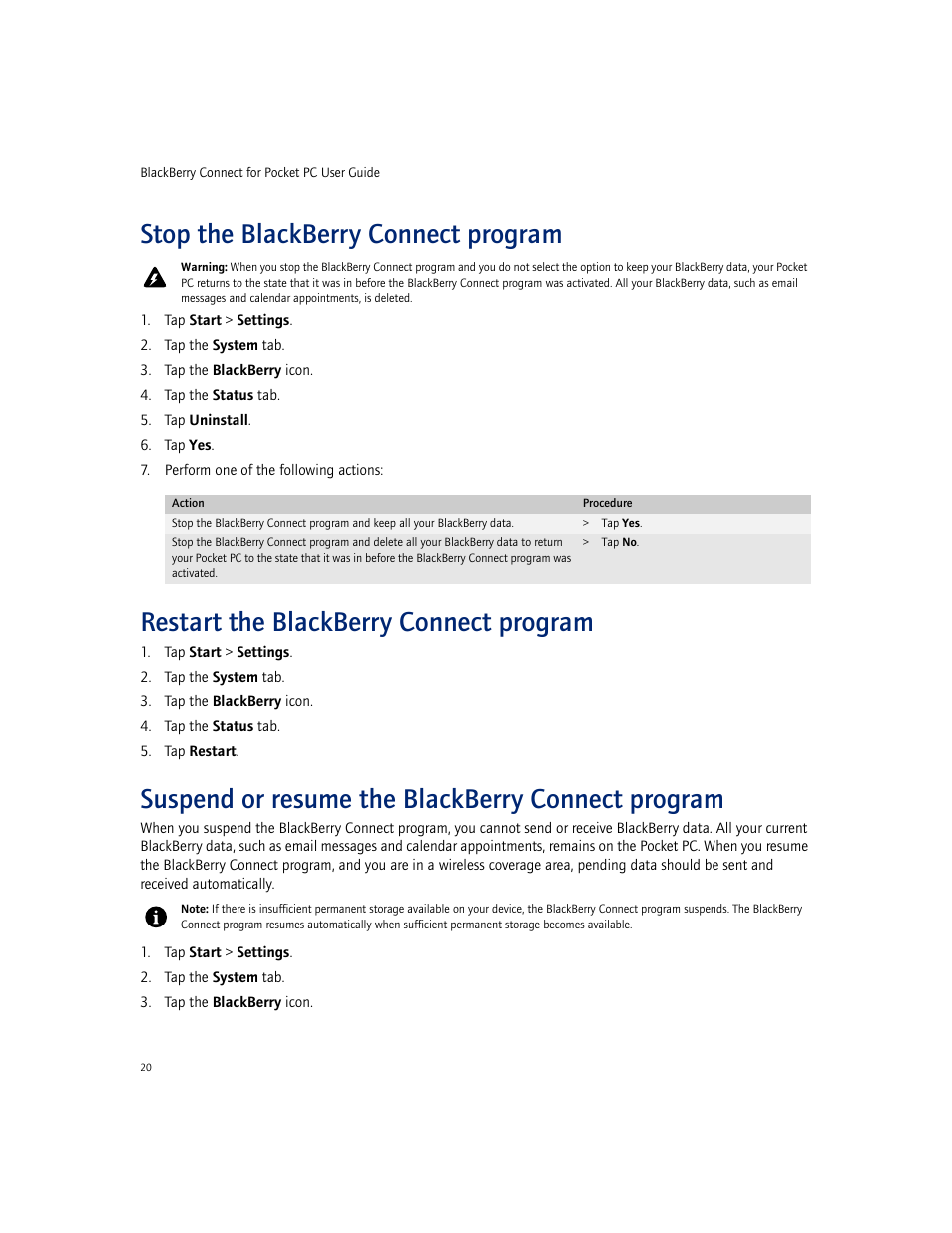 Stop the blackberry connect program, Restart the blackberry connect program, Suspend or resume the blackberry connect program | Blackberry CONNECT FOR POCKET PC 2.1 User Manual | Page 20 / 38