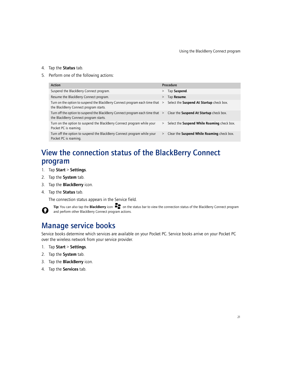 Manage service books | Blackberry CONNECT FOR POCKET PC 2.1 User Manual | Page 21 / 38
