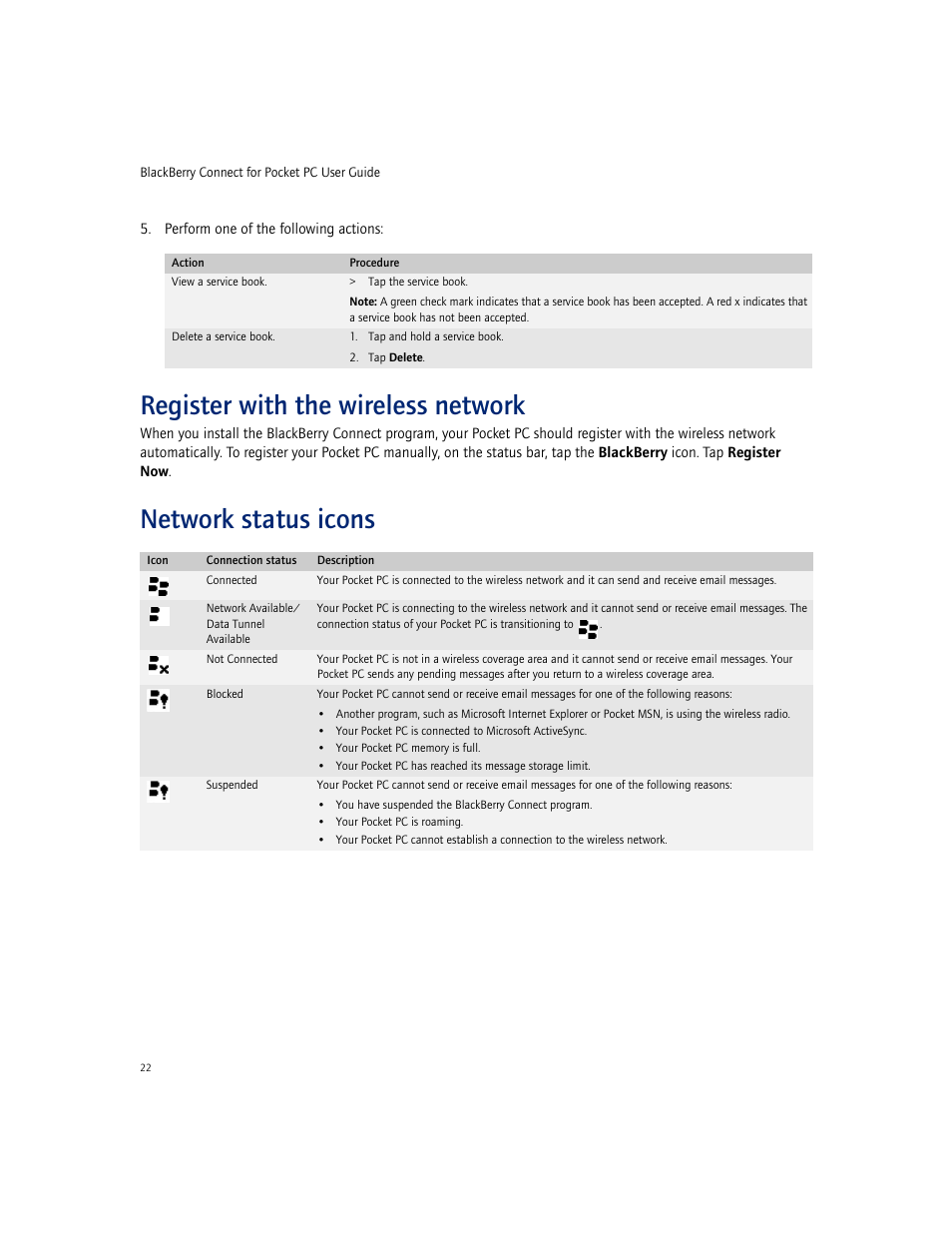 Register with the wireless network, Network status icons | Blackberry CONNECT FOR POCKET PC 2.1 User Manual | Page 22 / 38