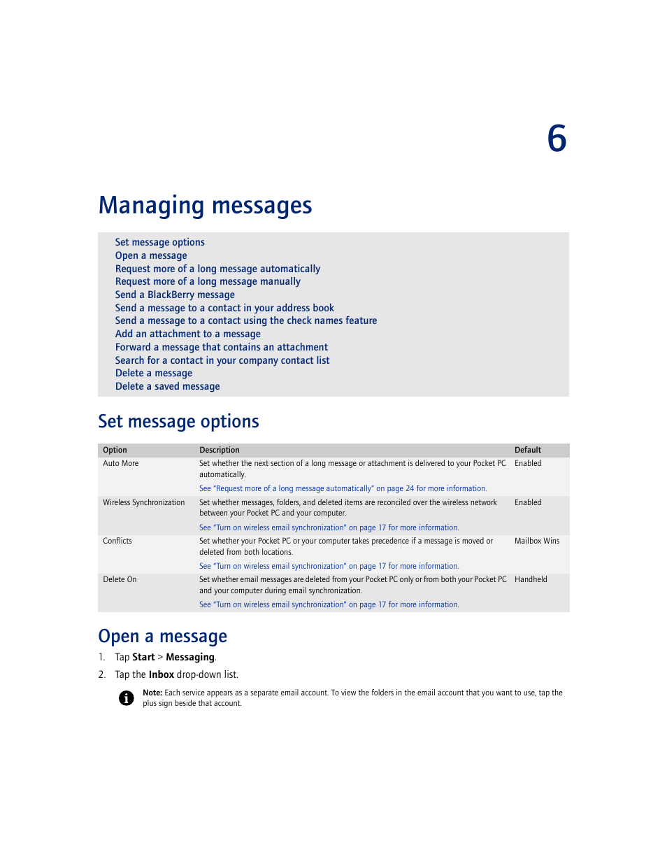 Managing messages, Set message options, Open a message | 6 managing messages, Set message options open a message | Blackberry CONNECT FOR POCKET PC 2.1 User Manual | Page 23 / 38