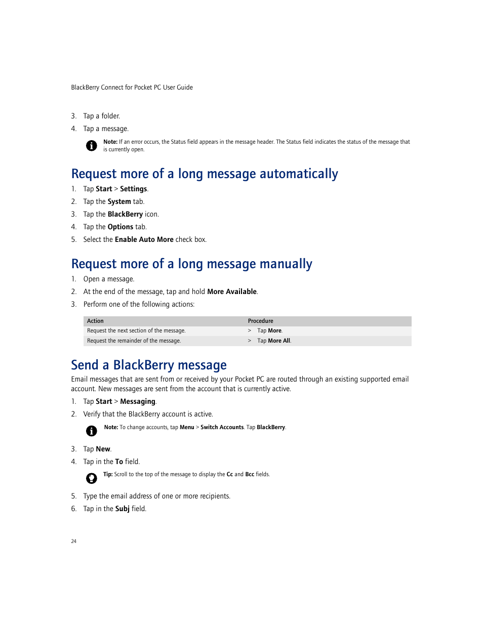 Request more of a long message automatically, Request more of a long message manually, Send a blackberry message | Blackberry CONNECT FOR POCKET PC 2.1 User Manual | Page 24 / 38
