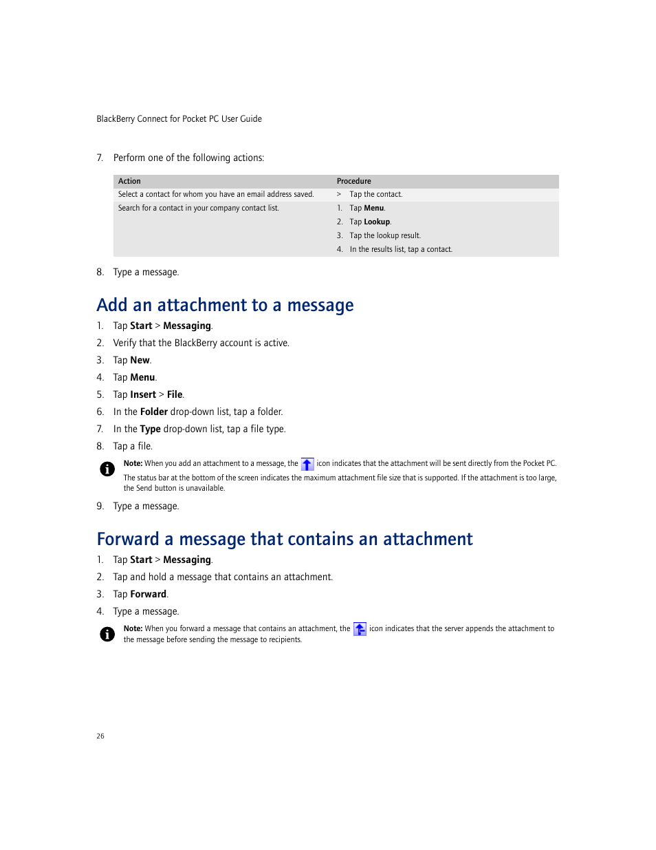 Add an attachment to a message, Forward a message that contains an attachment | Blackberry CONNECT FOR POCKET PC 2.1 User Manual | Page 26 / 38