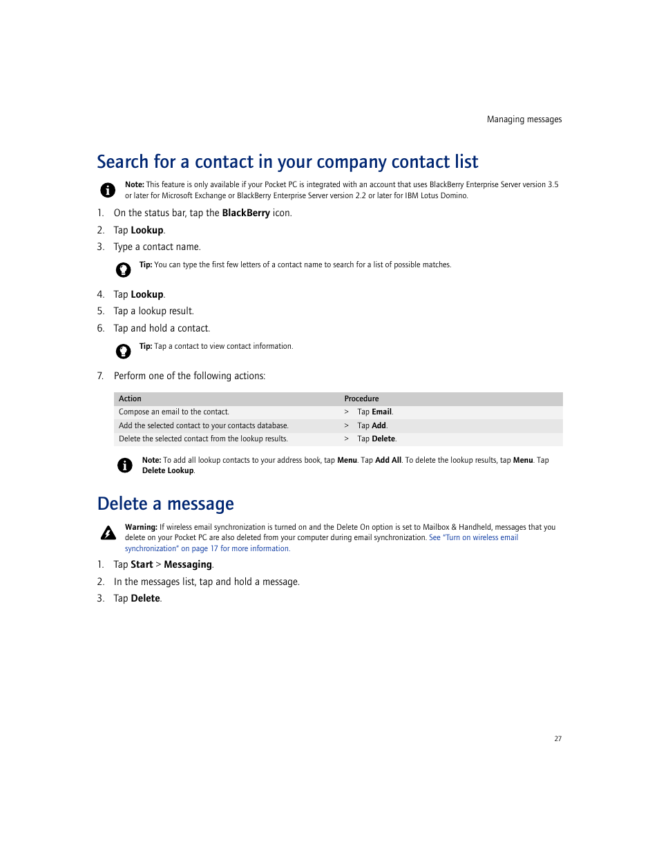 Search for a contact in your company contact list, Delete a message | Blackberry CONNECT FOR POCKET PC 2.1 User Manual | Page 27 / 38