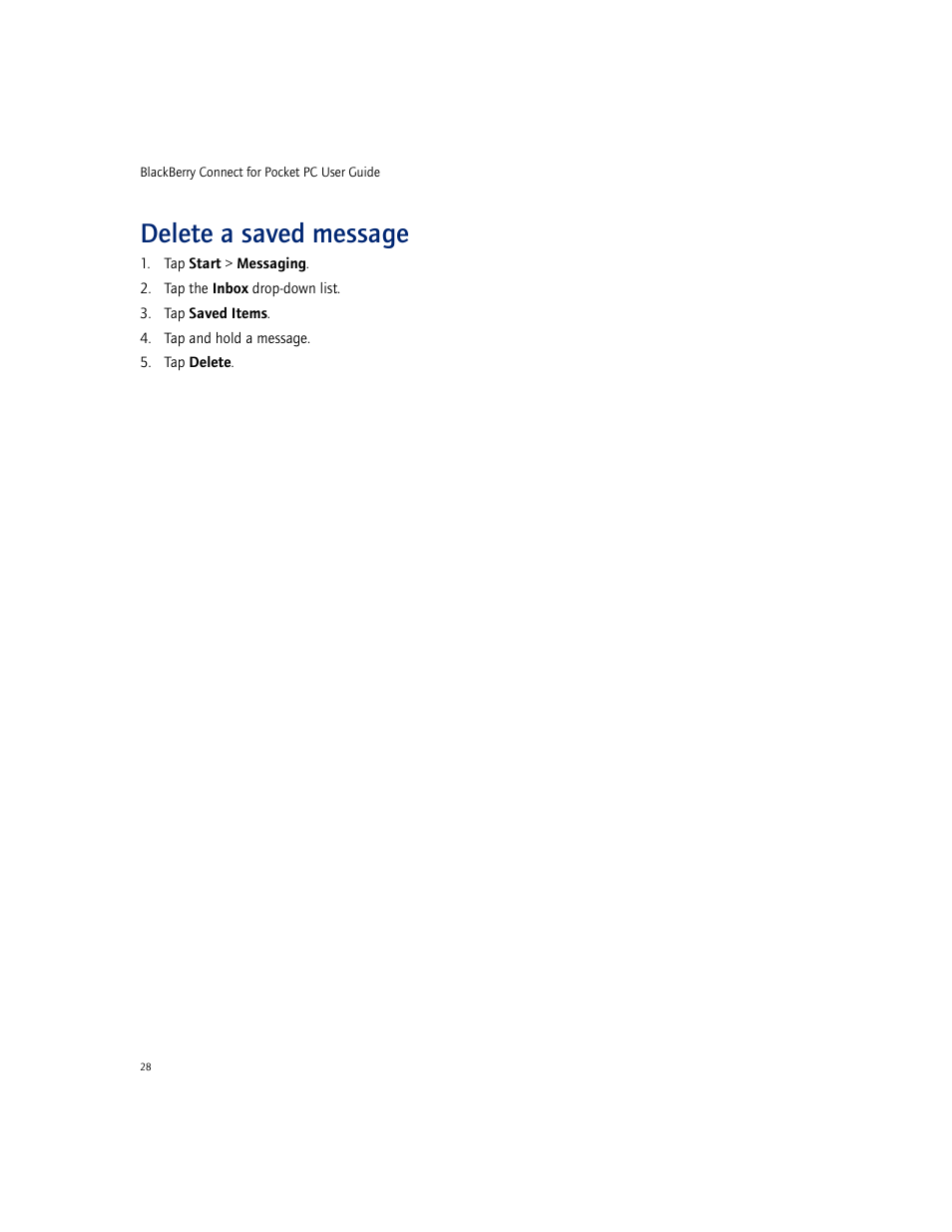 Delete a saved message | Blackberry CONNECT FOR POCKET PC 2.1 User Manual | Page 28 / 38