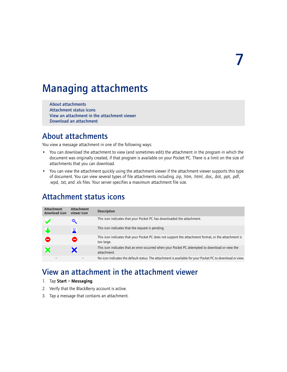 Managing attachments, About attachments, Attachment status icons | View an attachment in the attachment viewer, 7 managing attachments | Blackberry CONNECT FOR POCKET PC 2.1 User Manual | Page 29 / 38