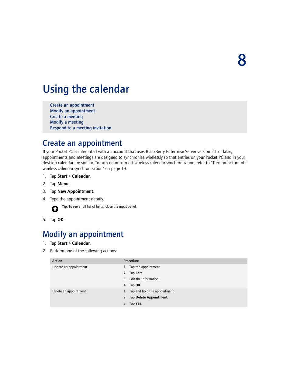 Using the calendar, Create an appointment, Modify an appointment | 8 using the calendar, Create an appointment modify an appointment | Blackberry CONNECT FOR POCKET PC 2.1 User Manual | Page 31 / 38