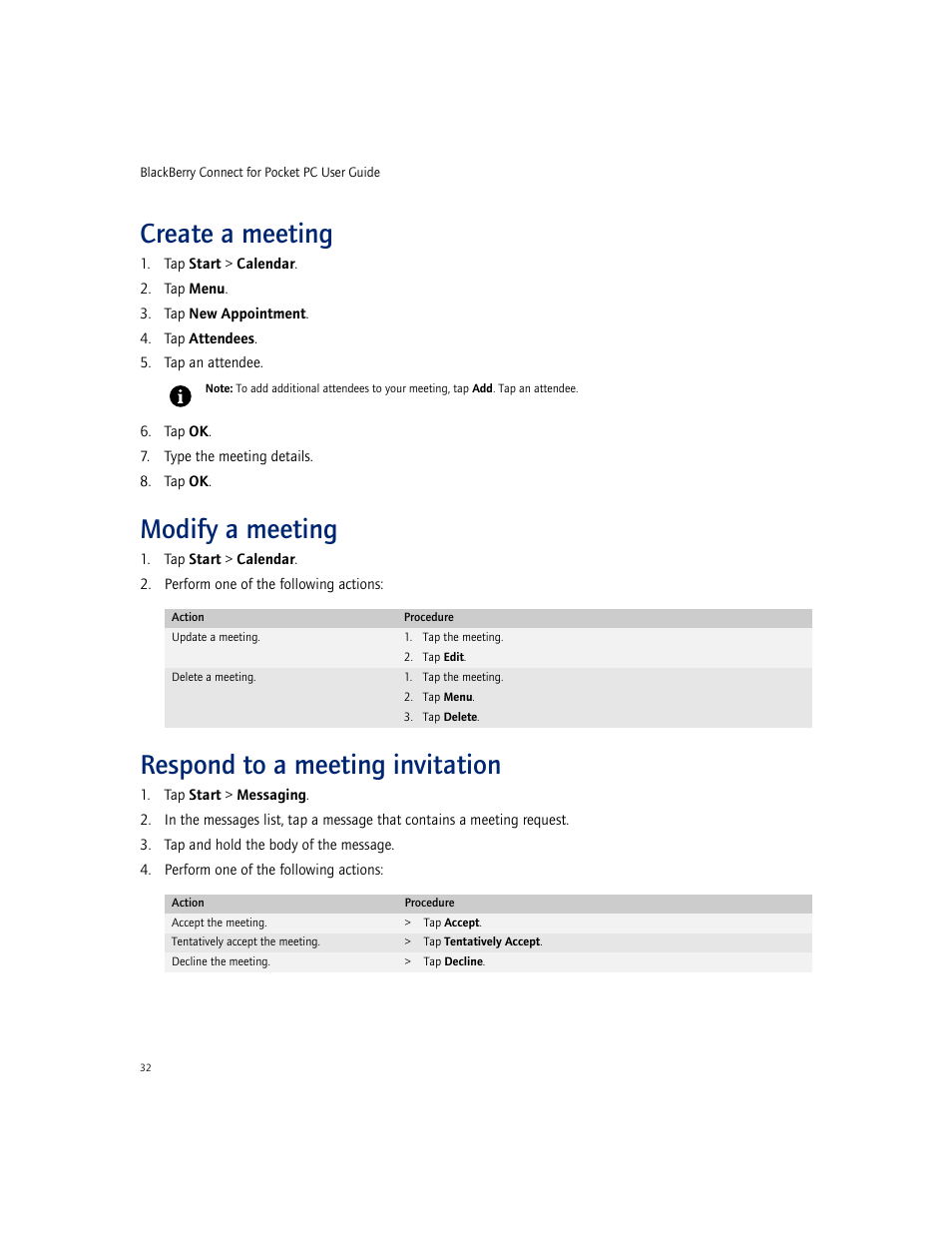 Create a meeting, Modify a meeting, Respond to a meeting invitation | Blackberry CONNECT FOR POCKET PC 2.1 User Manual | Page 32 / 38