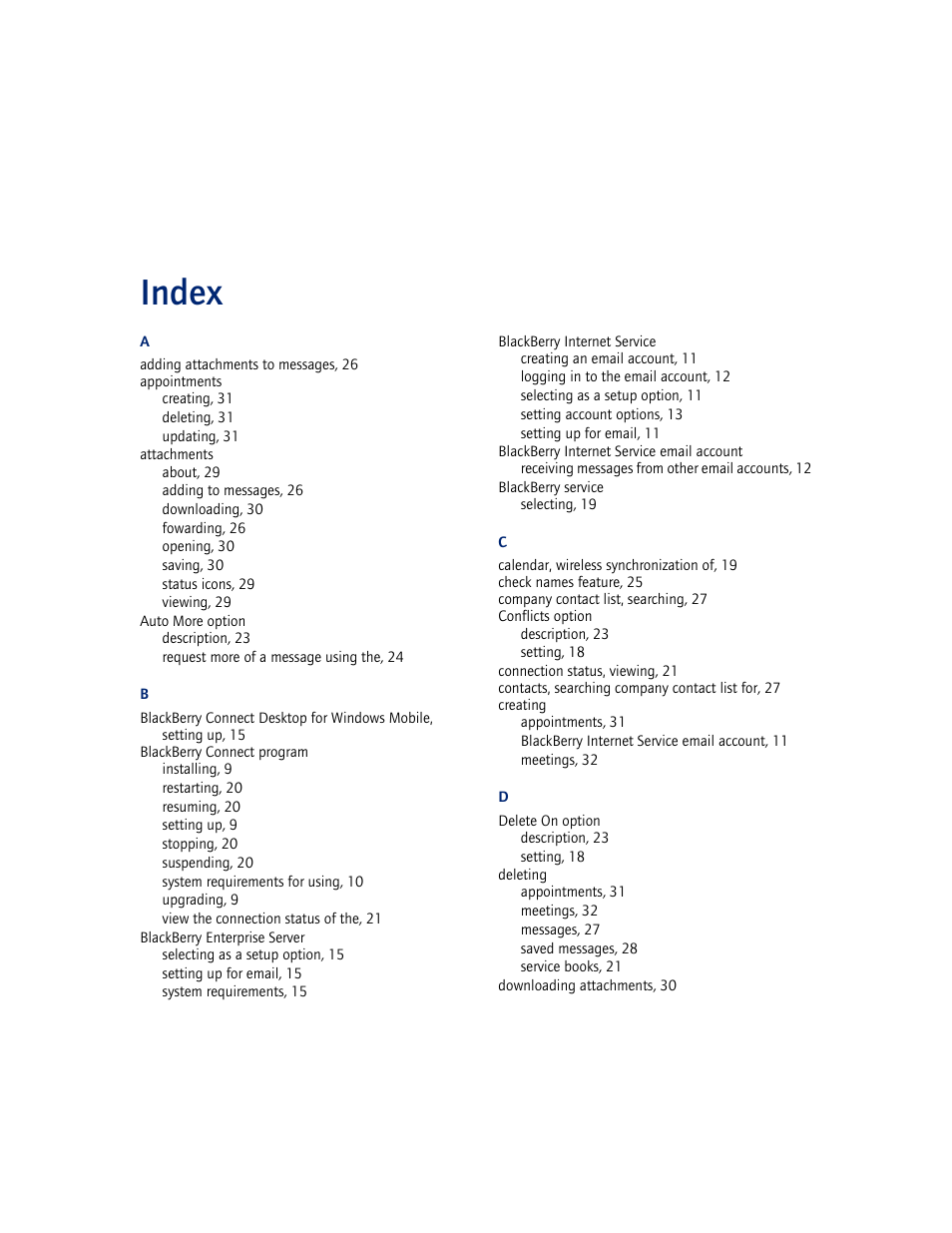 Index | Blackberry CONNECT FOR POCKET PC 2.1 User Manual | Page 33 / 38