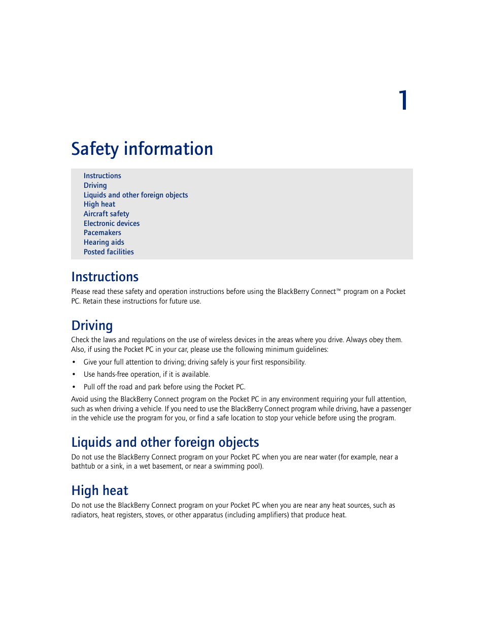 Safety information, Instructions, Driving | Liquids and other foreign objects, High heat, 1 safety information | Blackberry CONNECT FOR POCKET PC 2.1 User Manual | Page 7 / 38