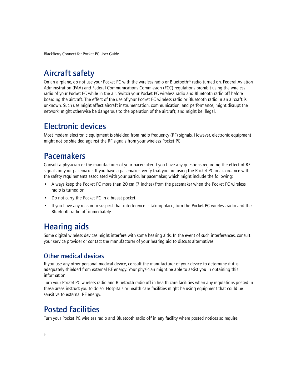 Aircraft safety, Electronic devices, Pacemakers | Hearing aids, Other medical devices, Posted facilities | Blackberry CONNECT FOR POCKET PC 2.1 User Manual | Page 8 / 38
