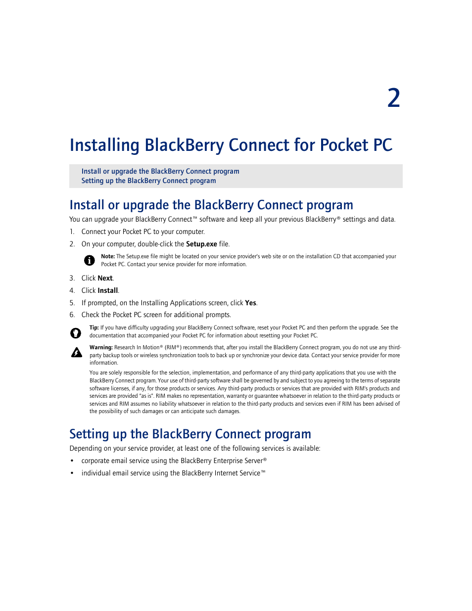 Installing blackberry connect for pocket pc, Install or upgrade the blackberry connect program, Setting up the blackberry connect program | 2 installing blackberry connect for pocket pc | Blackberry CONNECT FOR POCKET PC 2.1 User Manual | Page 9 / 38