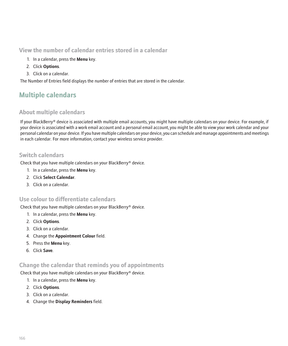 Multiple calendars, About multiple calendars, Switch calendars | Use colour to differentiate calendars | Blackberry Pearl 8120 User Manual | Page 168 / 293