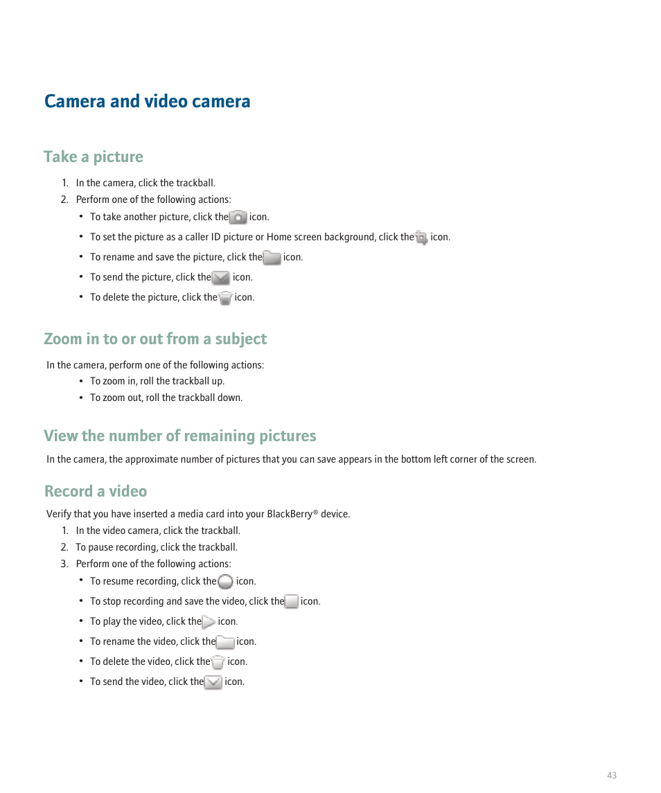 Camera and video camera, Take a picture, Zoom in to or out from a subject | View the number of remaining pictures, Record a video | Blackberry Pearl 8120 User Manual | Page 45 / 293