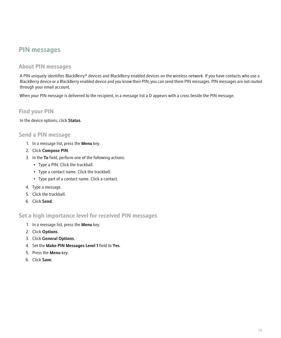 Pin messages, About pin messages, Find your pin | Send a pin message | Blackberry Pearl 8120 User Manual | Page 77 / 293