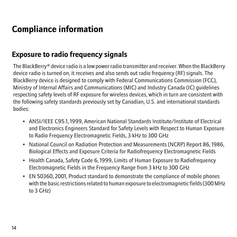 Compliance information, Exposure to radio frequency signals | Blackberry Curve 8320 User Manual | Page 16 / 33