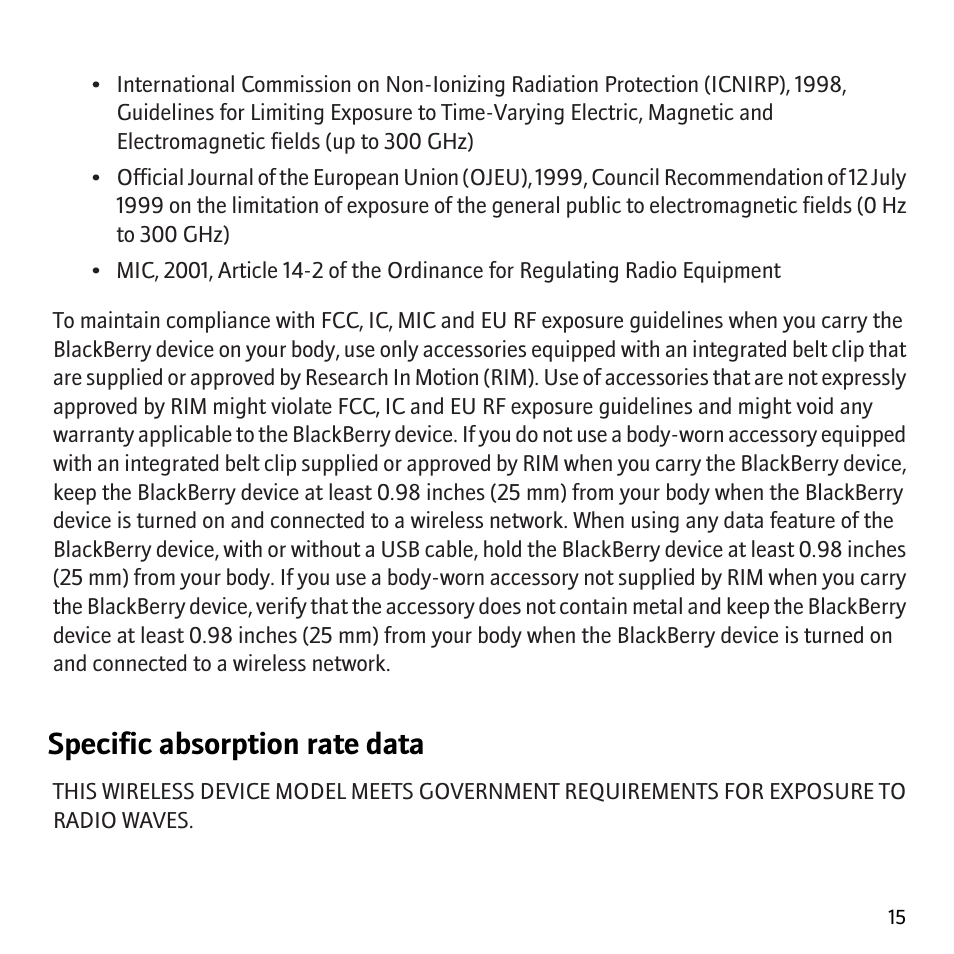 Specific absorption rate data | Blackberry Curve 8320 User Manual | Page 17 / 33