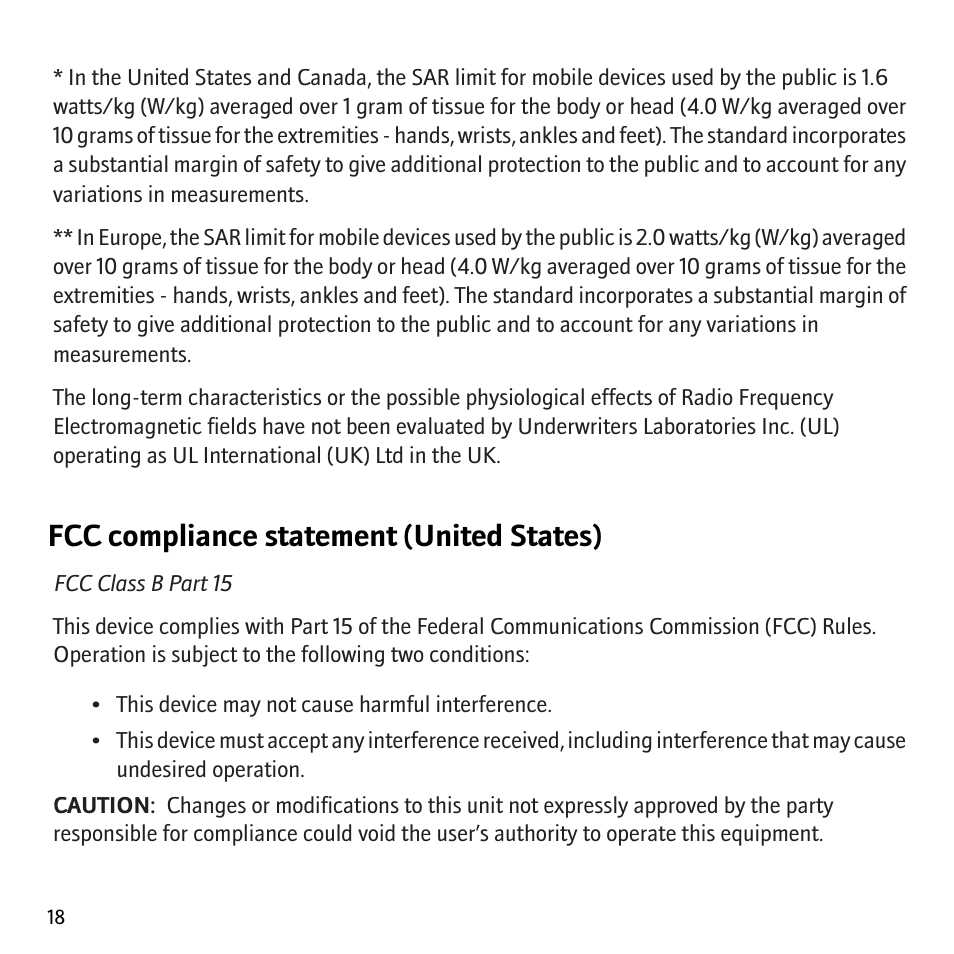 Fcc compliance statement (united states) | Blackberry Curve 8320 User Manual | Page 20 / 33