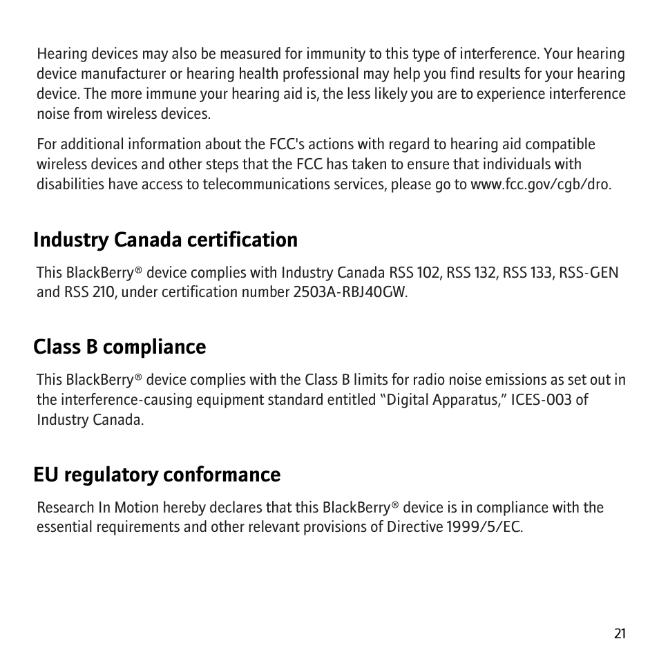 Industry canada certification, Class b compliance, Eu regulatory conformance | Blackberry Curve 8320 User Manual | Page 23 / 33