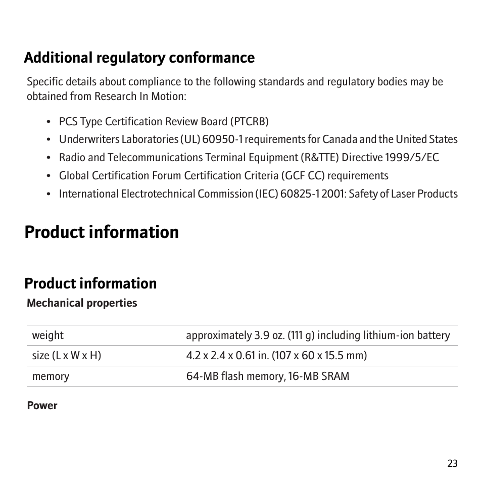 Product information, Additional regulatory conformance | Blackberry Curve 8320 User Manual | Page 25 / 33
