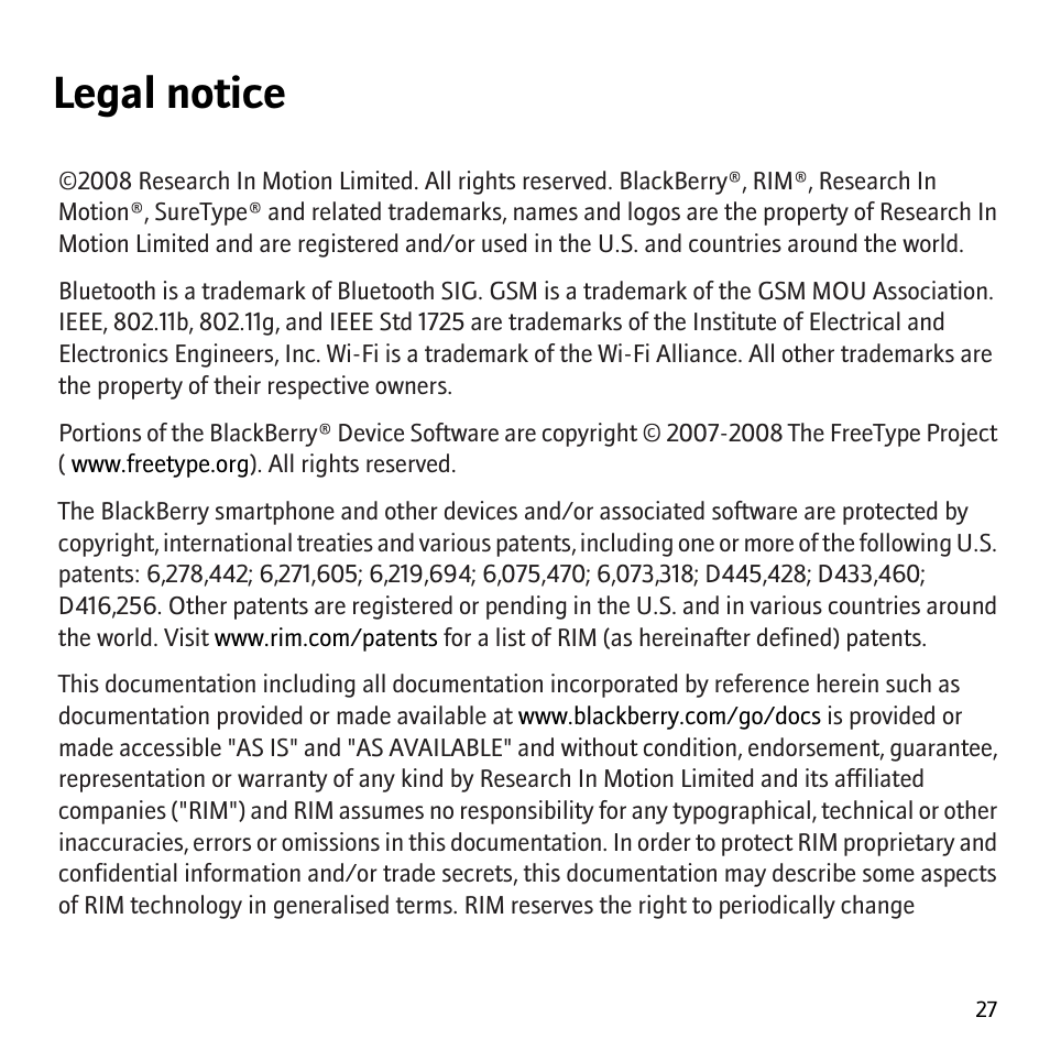 Legal notice | Blackberry Curve 8320 User Manual | Page 29 / 33