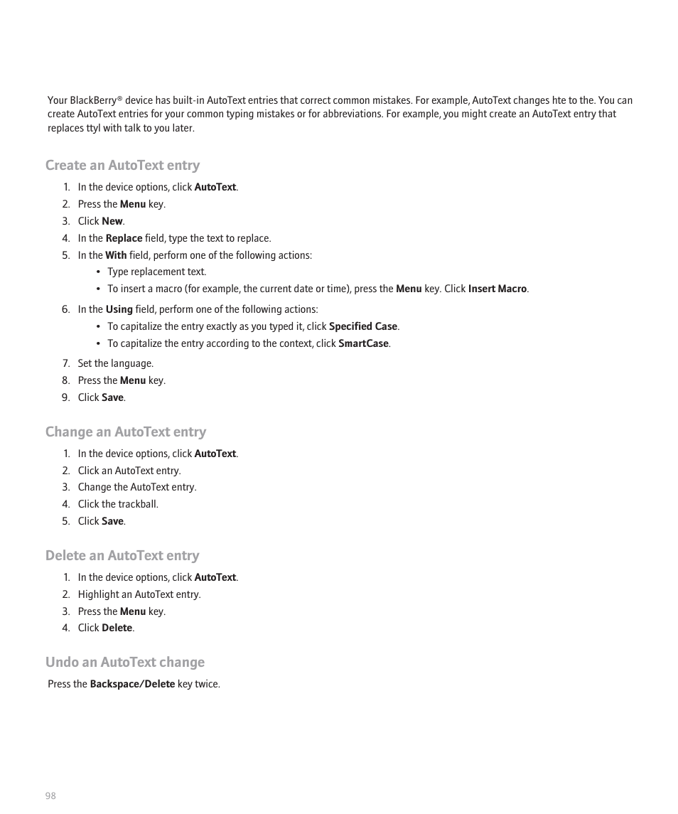 Create an autotext entry, Change an autotext entry, Delete an autotext entry | Undo an autotext change | Blackberry Global 8830 User Manual | Page 100 / 262