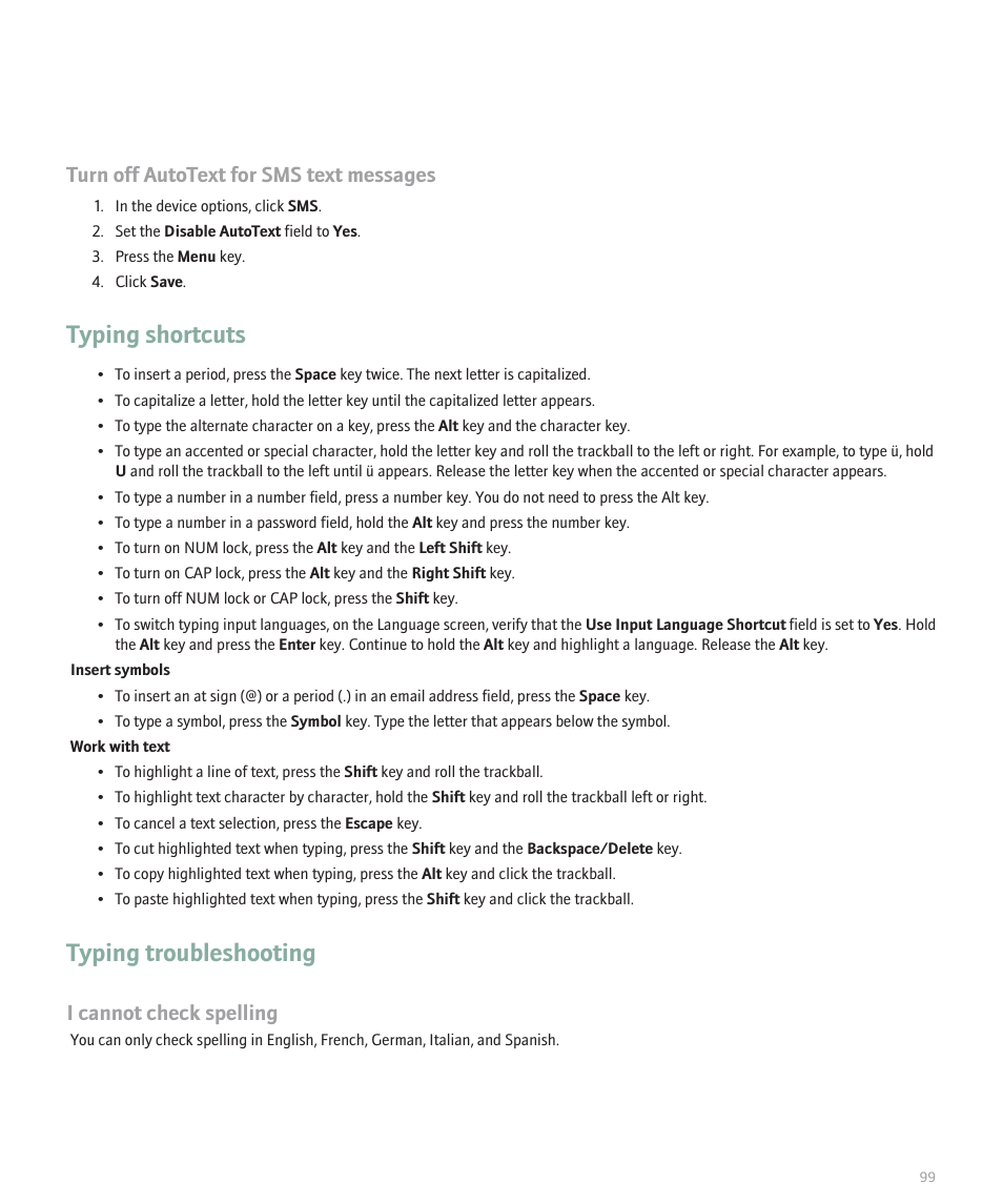 Typing shortcuts, Typing troubleshooting, Turn off autotext for sms text messages | I cannot check spelling | Blackberry Global 8830 User Manual | Page 101 / 262