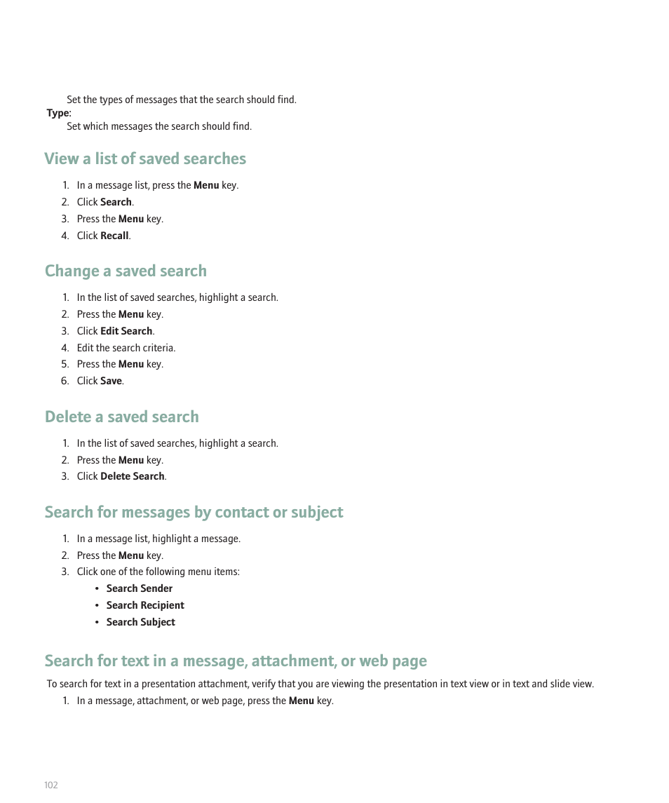View a list of saved searches, Change a saved search, Delete a saved search | Search for messages by contact or subject | Blackberry Global 8830 User Manual | Page 104 / 262