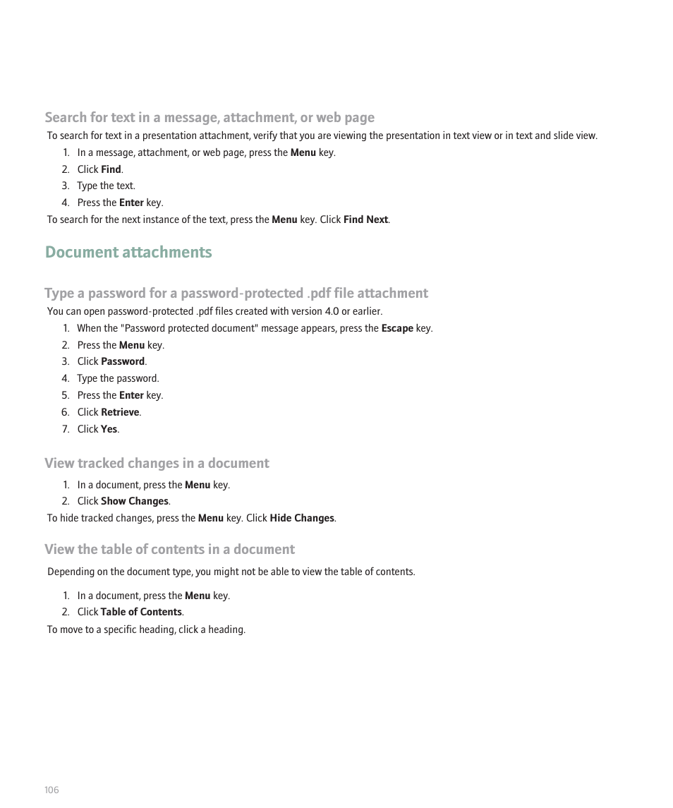 Document attachments, View tracked changes in a document, View the table of contents in a document | Blackberry Global 8830 User Manual | Page 108 / 262