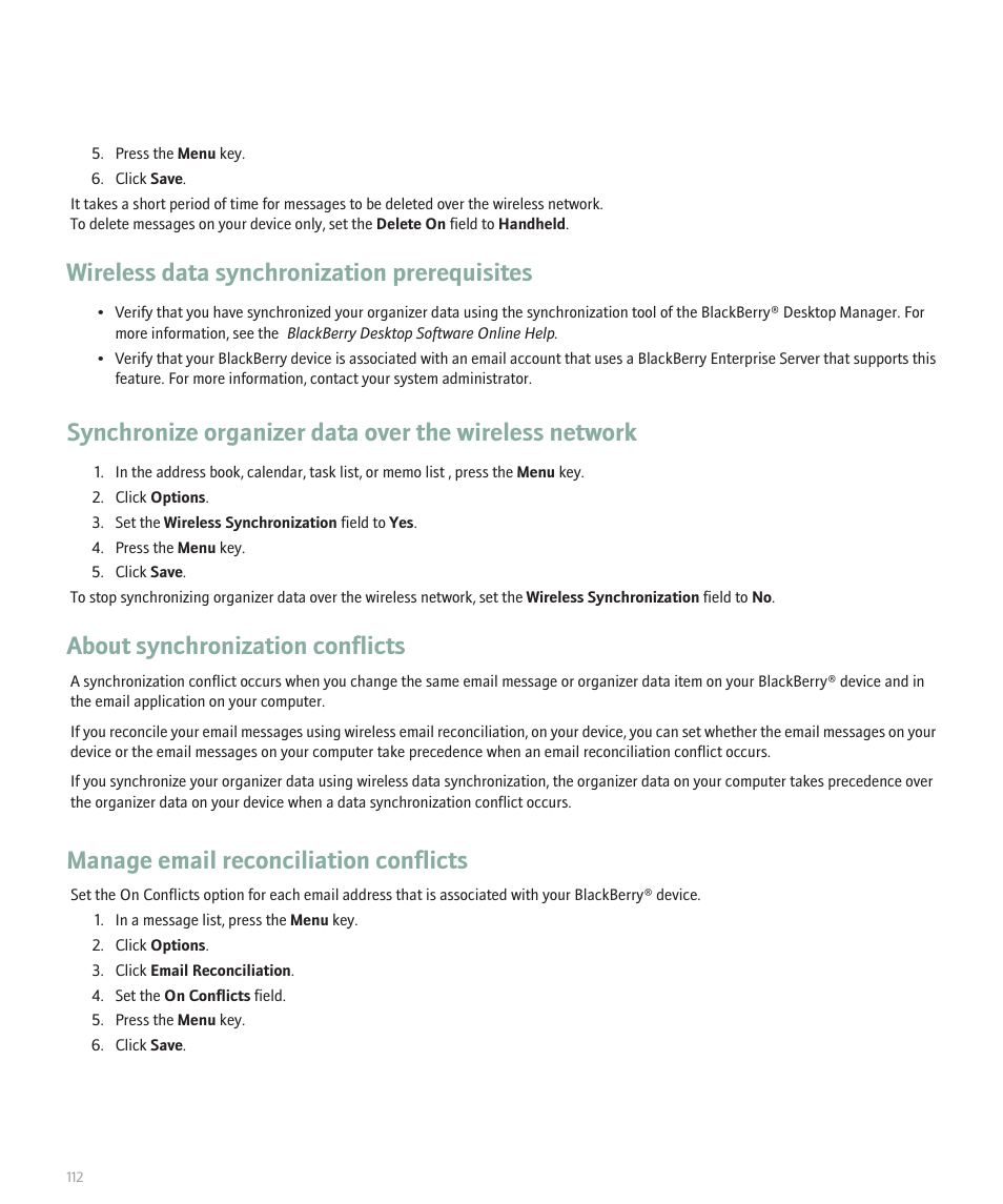 Wireless data synchronization prerequisites, About synchronization conflicts, Manage email reconciliation conflicts | Blackberry Global 8830 User Manual | Page 114 / 262
