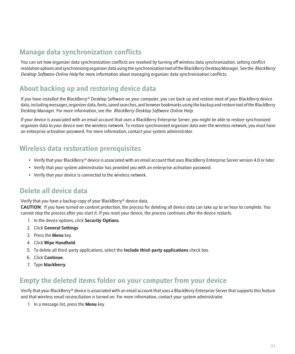 Manage data synchronization conflicts, About backing up and restoring device data, Wireless data restoration prerequisites | Delete all device data | Blackberry Global 8830 User Manual | Page 115 / 262