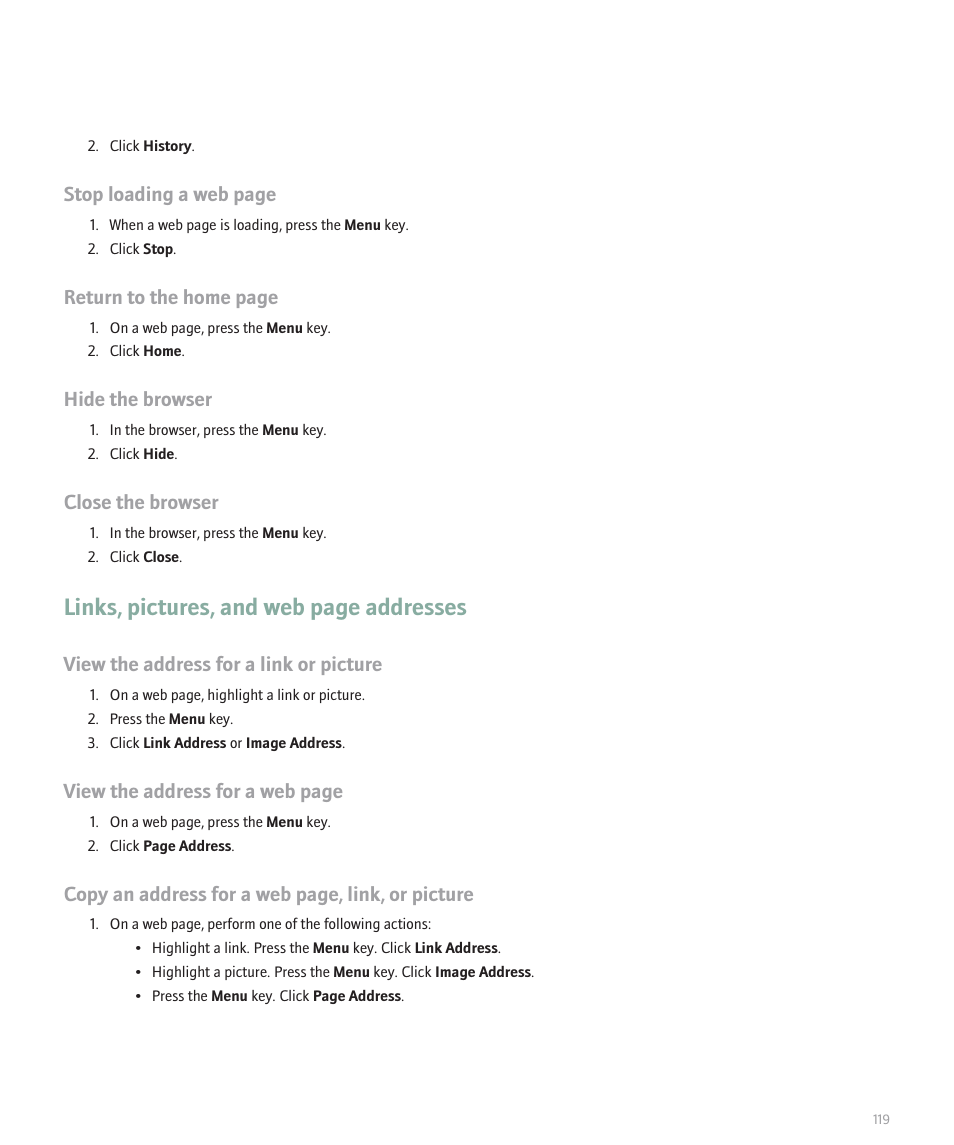 Links, pictures, and web page addresses, Stop loading a web page, Return to the home page | Hide the browser, Close the browser, View the address for a link or picture, View the address for a web page, Copy an address for a web page, link, or picture | Blackberry Global 8830 User Manual | Page 121 / 262