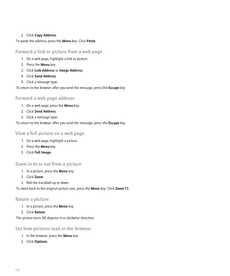 Forward a link or picture from a web page, Forward a web page address, View a full picture on a web page | Zoom in to or out from a picture, Rotate a picture, Set how pictures load in the browser | Blackberry Global 8830 User Manual | Page 122 / 262